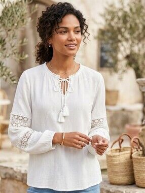ELLA Rafaella Plus Size XXL White Embroidered Puff Long Sleeve Blouse
